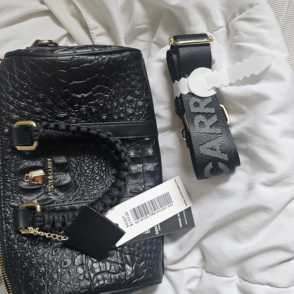 Black Crocodile Embossed Satchel with Braided Handles - Picture 4 of 4